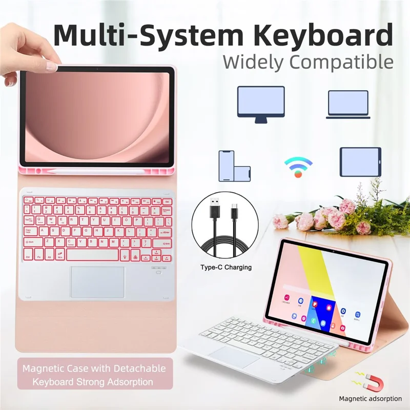 TP-X210D For Samsung Galaxy Tab A9+ SM-X210 / X216 / X218 Touchpad Backlit Bluetooth-compatible Keyboard Leather Tablet Case - Pink