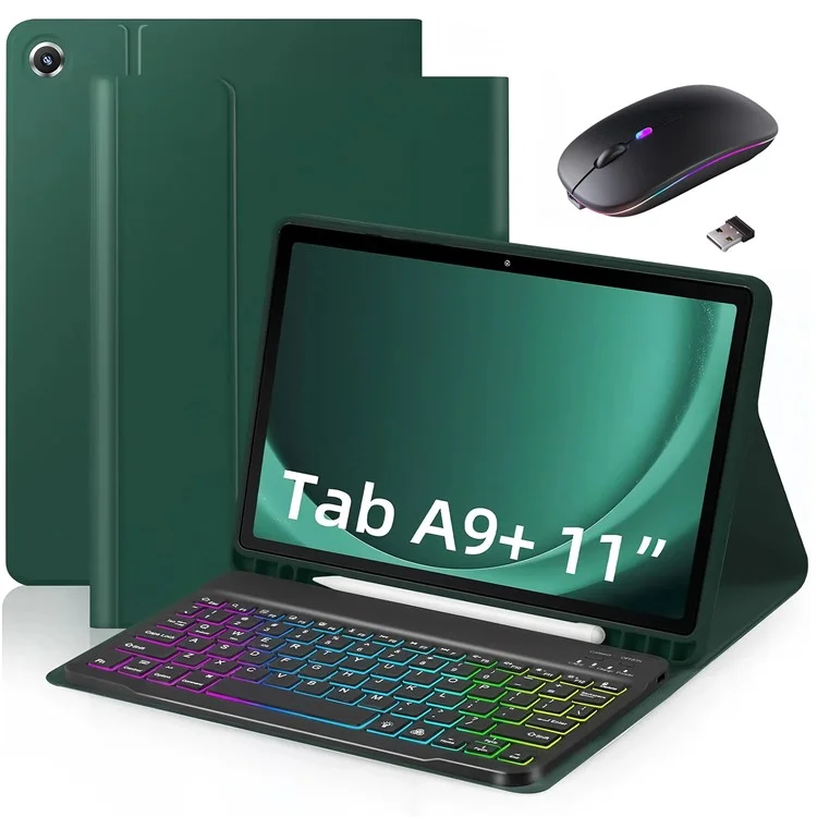 RGB-X210D For Samsung Galaxy Tab A9+ SM-X210 / X216 / X218 RGB Backlit Bluetooth-compatible Keyboard Leather Tablet Case + Wireless Mouse - Midnight Green