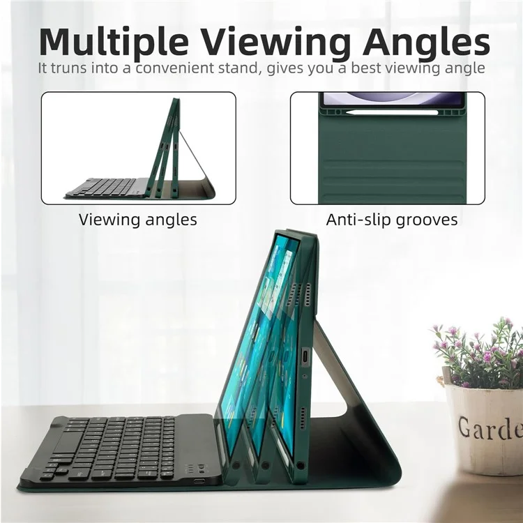 RGB-X210D For Samsung Galaxy Tab A9+ SM-X210 / X216 / X218 RGB Backlit Bluetooth-compatible Keyboard Leather Tablet Case + Wireless Mouse - Midnight Green