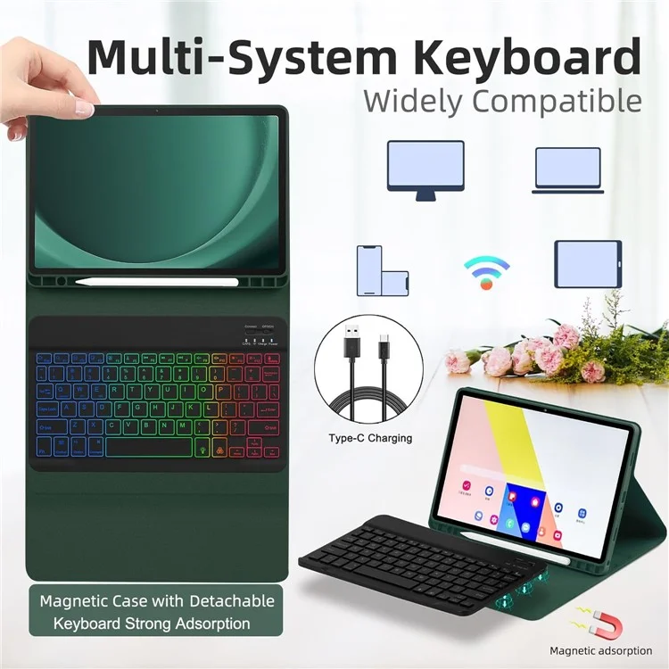 RGB-X210D For Samsung Galaxy Tab A9+ SM-X210 / X216 / X218 RGB Backlit Bluetooth-compatible Keyboard Leather Tablet Case + Wireless Mouse - Midnight Green