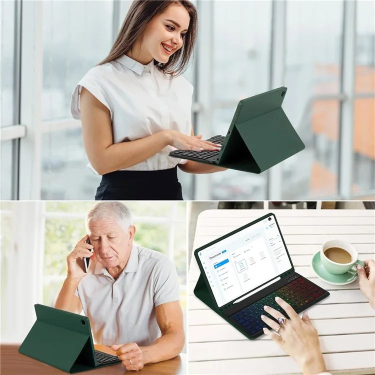 RGB-X210D For Samsung Galaxy Tab A9+ SM-X210 / X216 / X218 RGB Backlit Bluetooth-compatible Keyboard Leather Tablet Case + Wireless Mouse - Midnight Green