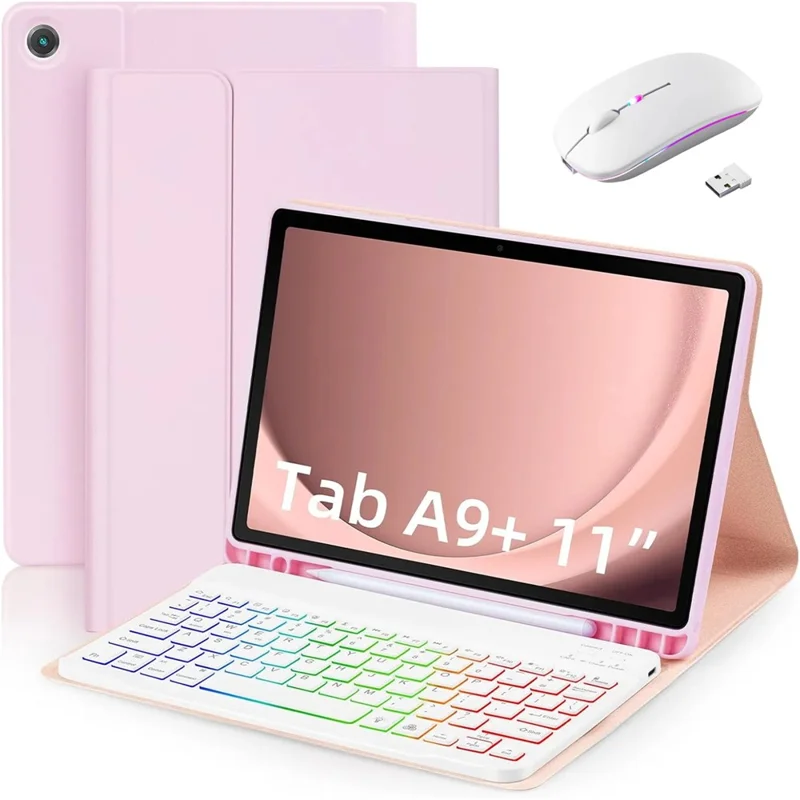 RGB-X210D For Samsung Galaxy Tab A9+ SM-X210 / X216 / X218 RGB Backlit Bluetooth-compatible Keyboard Leather Tablet Case + Wireless Mouse - Pink
