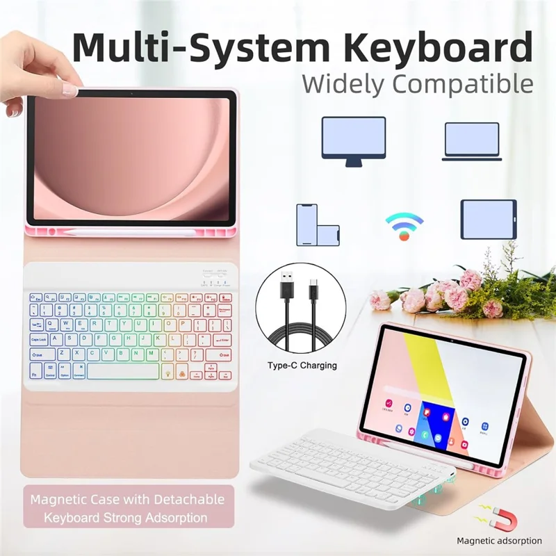 RGB-X210D For Samsung Galaxy Tab A9+ SM-X210 / X216 / X218 RGB Backlit Bluetooth-compatible Keyboard Leather Tablet Case + Wireless Mouse - Pink
