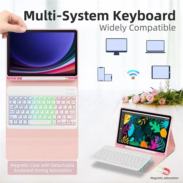 RGB-X710D Bluetooth-Compatible Keyboard Mouse Set for Samsung Galaxy Tab S10 FE / S9 FE / S9 / S8 / S7 RGB Backlit Keyboard + Mouse - Pink