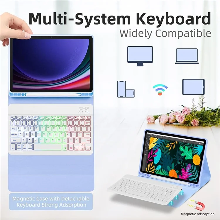 RGB-X710D Bluetooth-Compatible Keyboard Mouse Set for Samsung Galaxy Tab S10 FE / S9 FE / S9 / S8 / S7 RGB Backlit Keyboard + Mouse - Light Purple