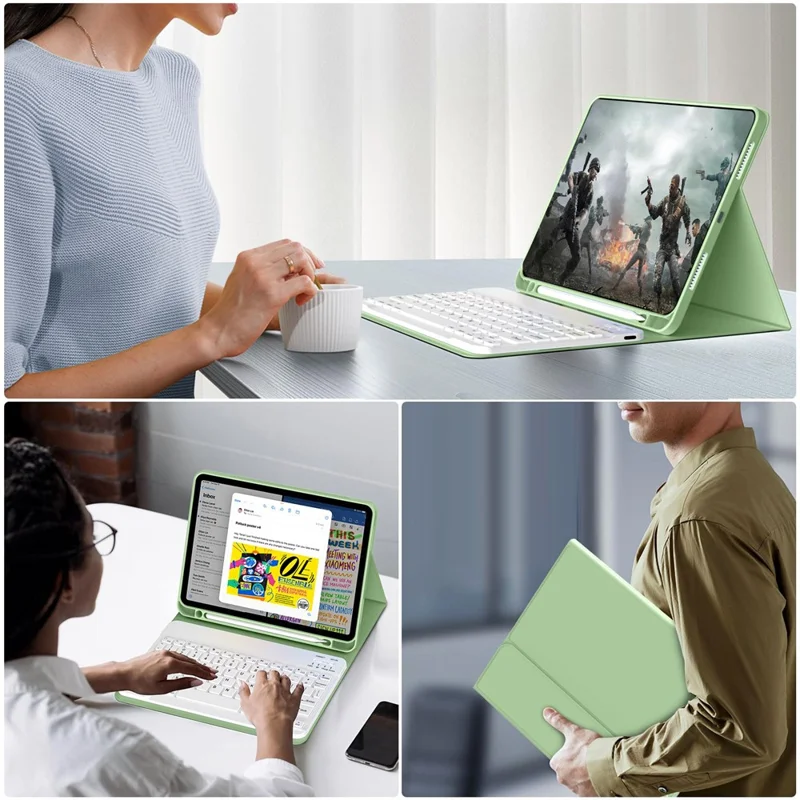 WK-1109 For iPad (2025) / 10.9 (2022) Leather Tablet Stand Cover + Magnetic Bluetooth-Compatible Keyboard - Green