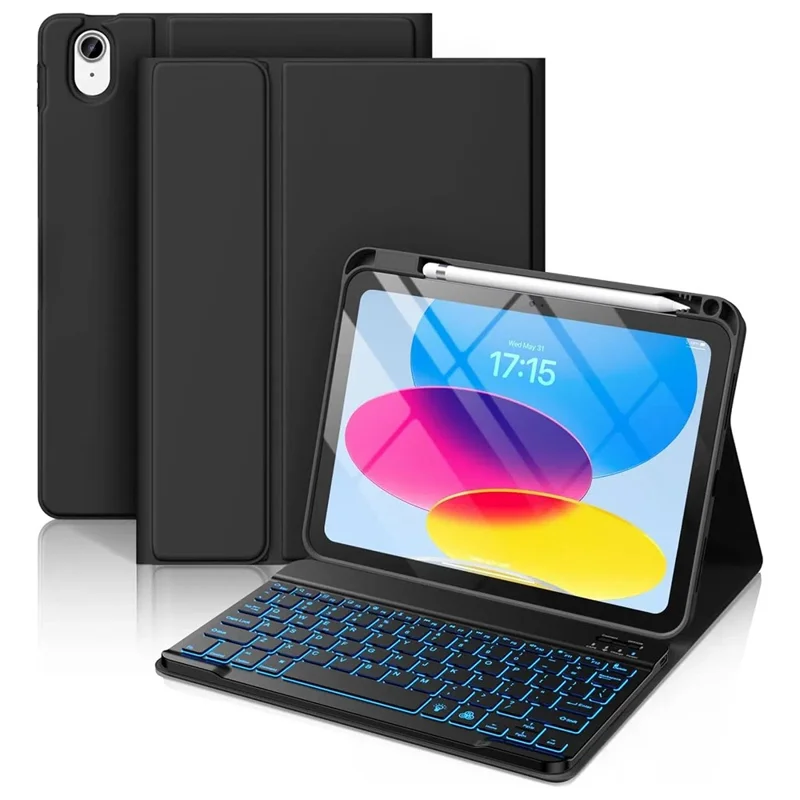 CS-1099 Für iPad 10.9 (2022) Bunte Hintergrundbeleuchtete Bluetooth-Kompatible Tastatur Schutzhülle - Schwarz