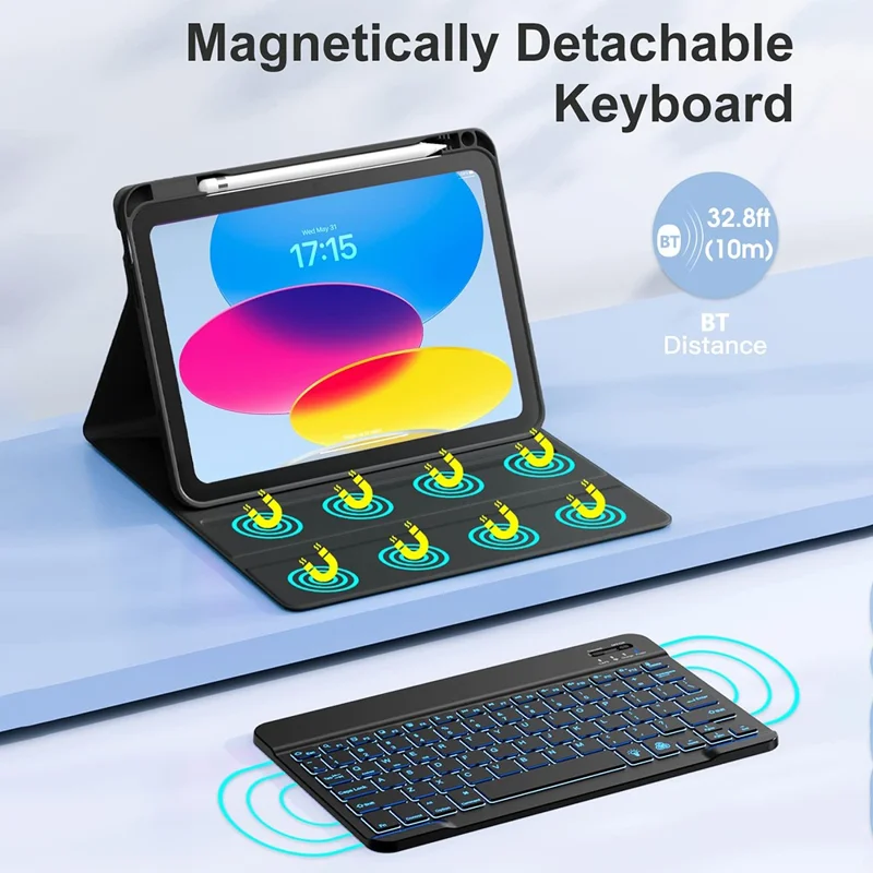 CS-1099 Für iPad 10.9 (2022) Bunte Hintergrundbeleuchtete Bluetooth-Kompatible Tastatur Schutzhülle - Schwarz