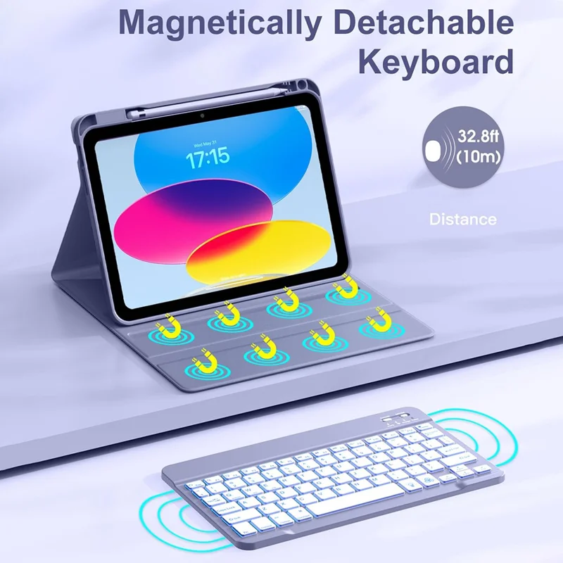 CS-1099 For iPad (2025) / 10.9 (2022) Colorful Backlit Bluetooth-Compatible Keyboard Protective Cover - Purple