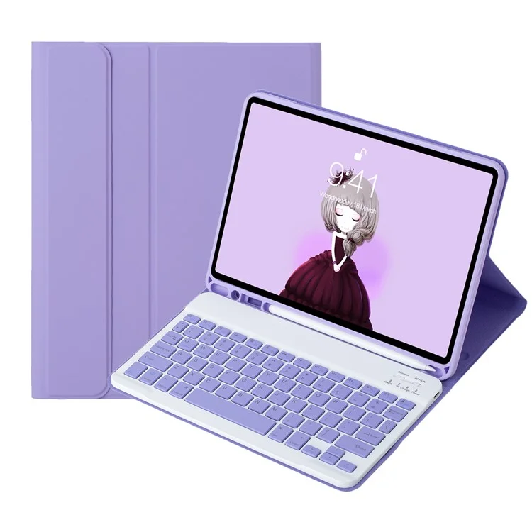 Capa de Tablet A102B para iPad 10.2 (2021) / (2020) / (2019) / Air 10.5 polegadas (2019) / Pro 10.5 polegadas (2017) Estojo de Couro com Teclado e Compartimento para Caneta - Lilás