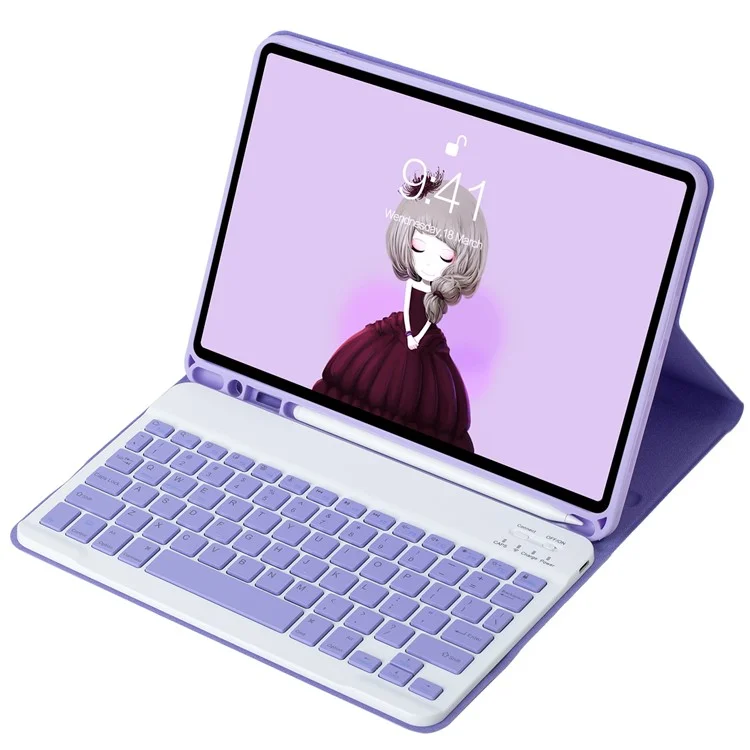 Capa de Tablet A102B para iPad 10.2 (2021) / (2020) / (2019) / Air 10.5 polegadas (2019) / Pro 10.5 polegadas (2017) Estojo de Couro com Teclado e Compartimento para Caneta - Lilás