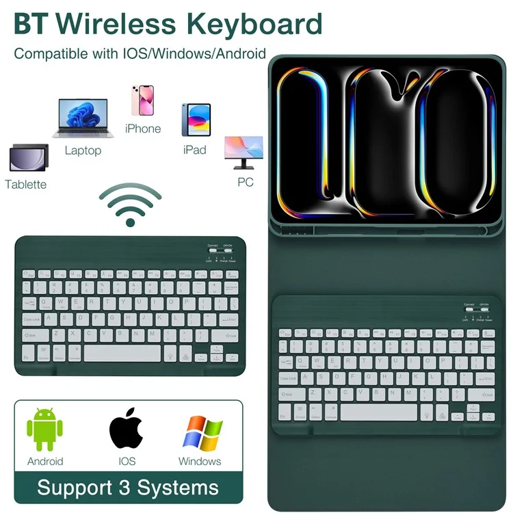 SK-1109D Leather Tablet Case with BT Keyboard For iPad Air 11 (2025)  /  (2024)  /  Pro 11 (2022)  /  (2020)  /  Air (2022)  /  (2020)  /  (2018) - Midnight Green
