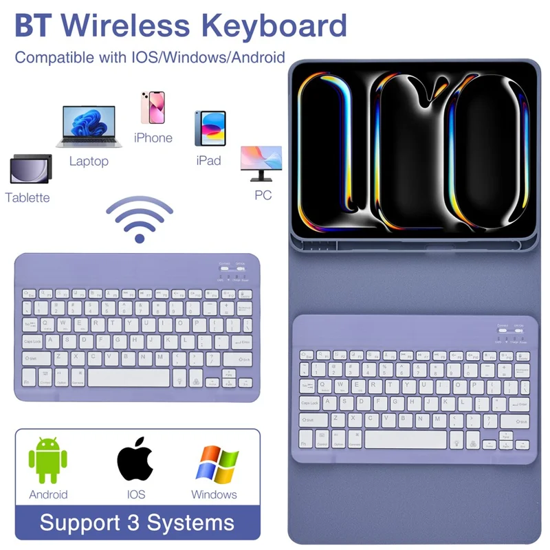 SK-1109A For iPad Pro 11 (2024) Tablet Case Leather Cover with BT Keyboard - Grey Blue