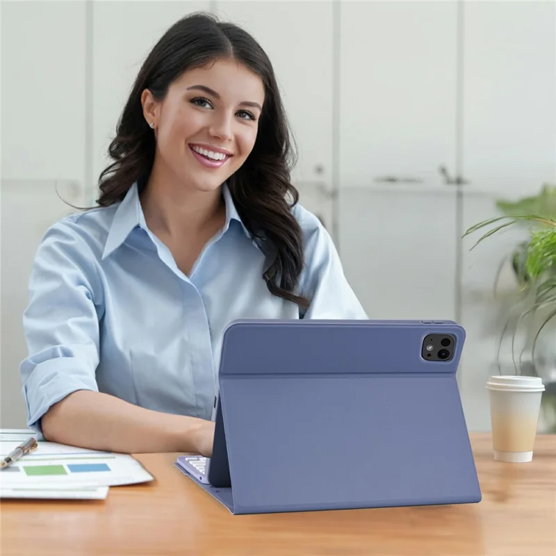 SK-1109A For iPad Pro 11 (2024) Tablet Case Leather Cover with BT Keyboard - Grey Blue