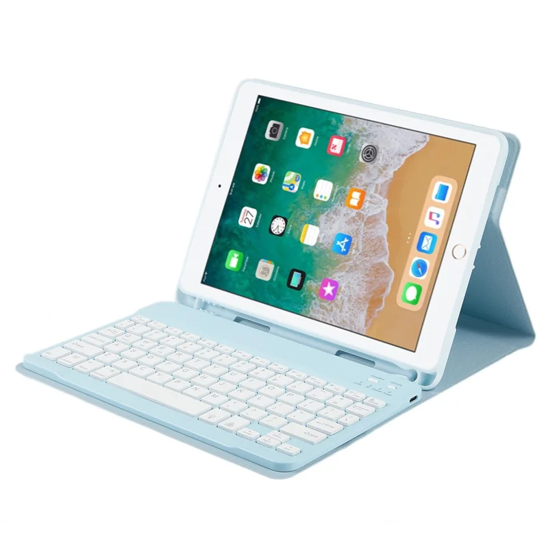 SK-9709D Leather Case For iPad 9.7-inch (2018) / (2017) / Air (2013) / Air 2 , Colorful Backlit Bluetooth-Compatible Keyboard - Sky Blue