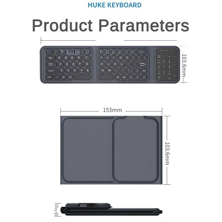 BK19 Mini Bluetooth-Compatible Keyboard Ultra Thin Portable Wireless Tri-Fold Keypad with Touchpad