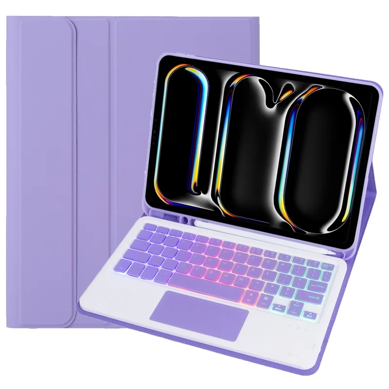 A13B-AS For iPad Pro 11 (2024) Pen Slot Design Leather Tablet Case + Backlit Bluetooth-Compatible Keyboard with Touchpad - Lilac Purple