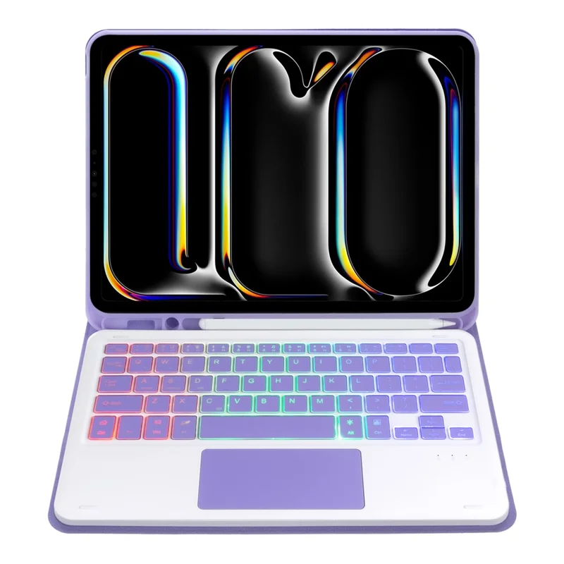 A13B-AS For iPad Pro 11 (2024) Pen Slot Design Leather Tablet Case + Backlit Bluetooth-Compatible Keyboard with Touchpad - Lilac Purple