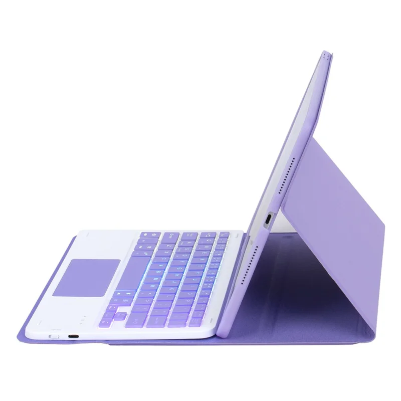 A13B-AS For iPad Pro 11 (2024) Pen Slot Design Leather Tablet Case + Backlit Bluetooth-Compatible Keyboard with Touchpad - Lilac Purple