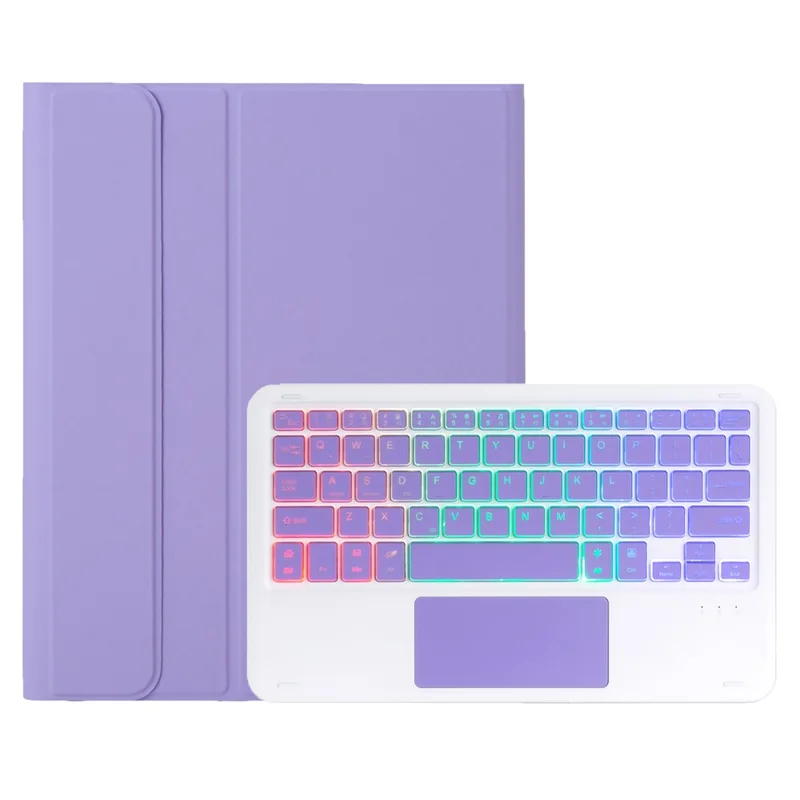 A13B-AS For iPad Pro 11 (2024) Pen Slot Design Leather Tablet Case + Backlit Bluetooth-Compatible Keyboard with Touchpad - Lilac Purple