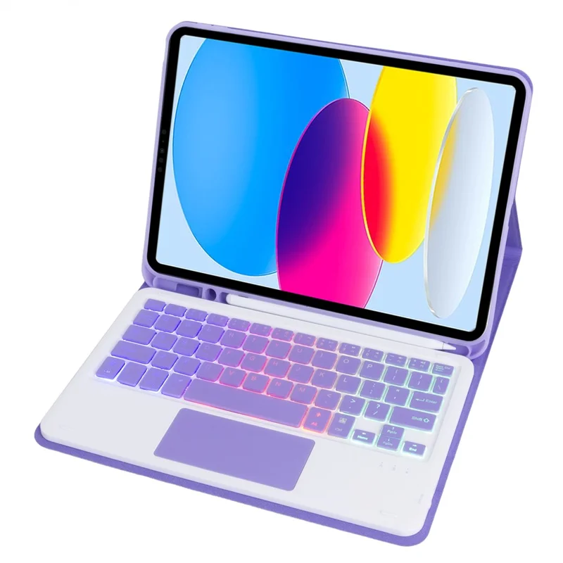 A10B-AS For iPad (2025) / 10.9 (2022) Pen Slot Design Leather Tablet Case + Backlit Bluetooth-Compatible Keyboard with Touchpad - Lilac Purple