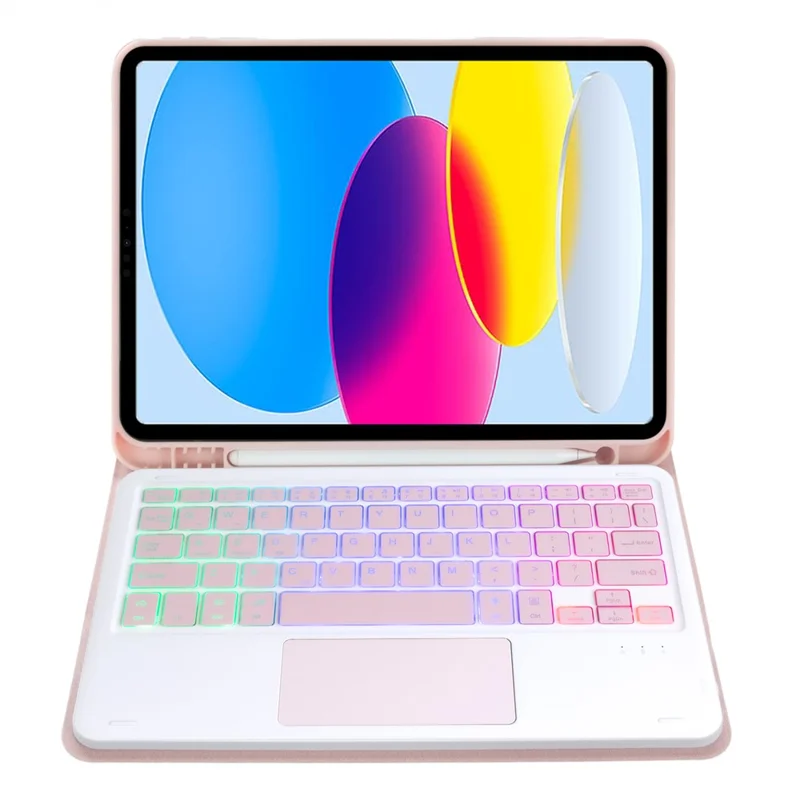 A10B-AS For iPad (2025) / 10.9 (2022) Pen Slot Design Leather Tablet Case + Backlit Bluetooth-Compatible Keyboard with Touchpad - Pink