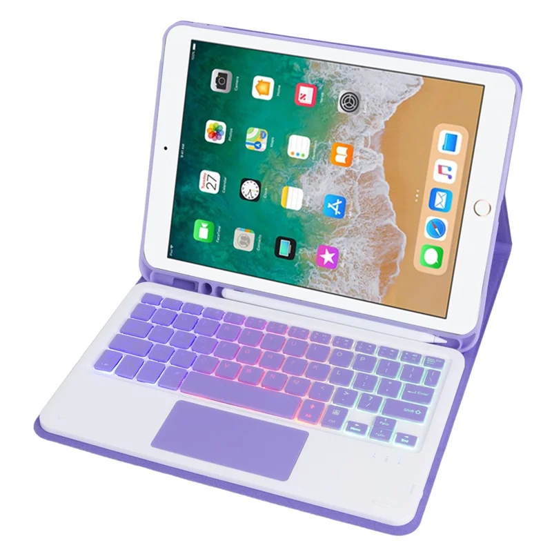 A07B-AS Beleuchtete Tastatur für iPad 9,7 Zoll (2018) / (2017) / Pro 9,7 Zoll (2016) / Air 2 / Air (2013) Hülle + Tastatur mit Touchpad - Lila Violett