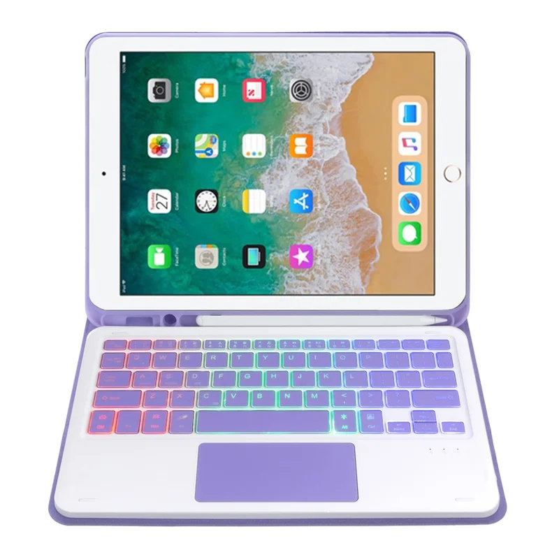 A07B-AS Beleuchtete Tastatur für iPad 9,7 Zoll (2018) / (2017) / Pro 9,7 Zoll (2016) / Air 2 / Air (2013) Hülle + Tastatur mit Touchpad - Lila Violett