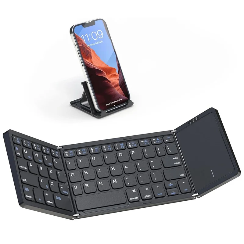 B089T Kompakte Dreifach-Tastatur mit Touchpad, Bluetooth-kompatibel für Android / Windows / iOS, mit Telefonhalterung - Schwarz
