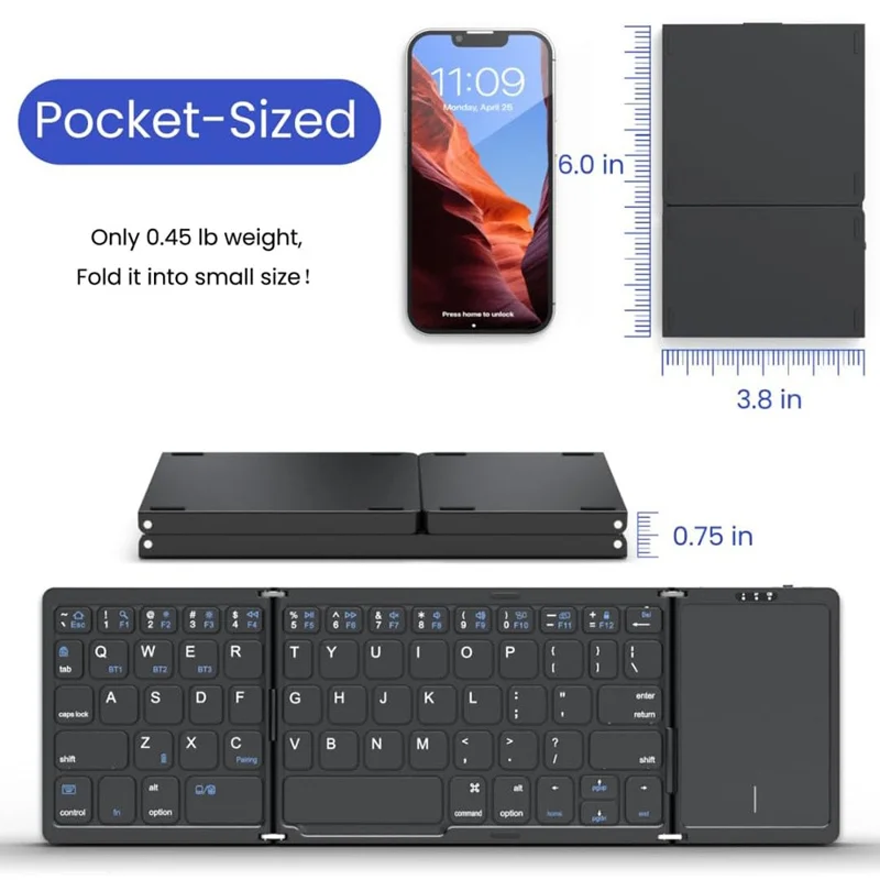 B089T Kompakte Dreifach-Tastatur mit Touchpad, Bluetooth-kompatibel für Android / Windows / iOS, mit Telefonhalterung - Schwarz