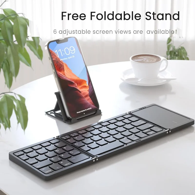 B089T Kompakte Dreifach-Tastatur mit Touchpad, Bluetooth-kompatibel für Android / Windows / iOS, mit Telefonhalterung - Schwarz