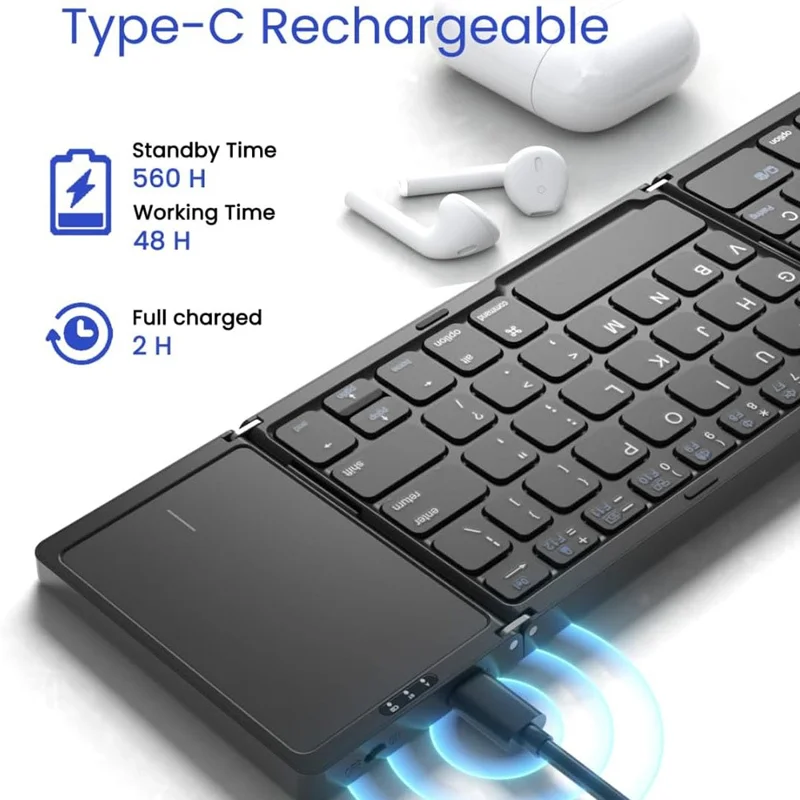 B089T Kompakte Dreifach-Tastatur mit Touchpad, Bluetooth-kompatibel für Android / Windows / iOS, mit Telefonhalterung - Schwarz