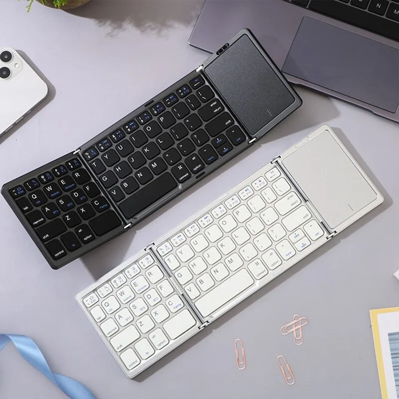 B089T Kompakte Dreifach-Tastatur mit Touchpad, Bluetooth-kompatibel für Android / Windows / iOS, mit Telefonhalterung - Schwarz