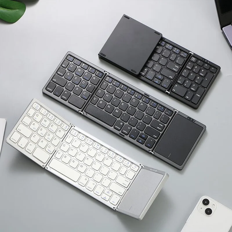 B089T Kompakte Dreifach-Tastatur mit Touchpad, Bluetooth-kompatibel für Android / Windows / iOS, mit Telefonhalterung - Schwarz