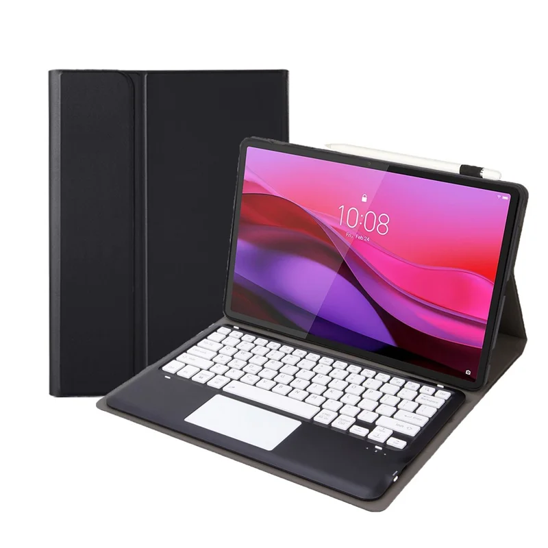 AM30-A For Lenovo Yoga Tab Plus Detachable Touchpad Bluetooth-Compatible Keyboard Ultra Thin Tablet Leather Case - Black+White