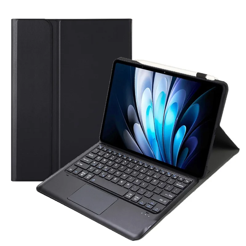 AV14-A Leather Case for vivo Pad5 Pro / Pad3 Pro / iQOO Pad2 Pro Tablet Cover + Touchpad Bluetooth-Compatible Keyboard - Black
