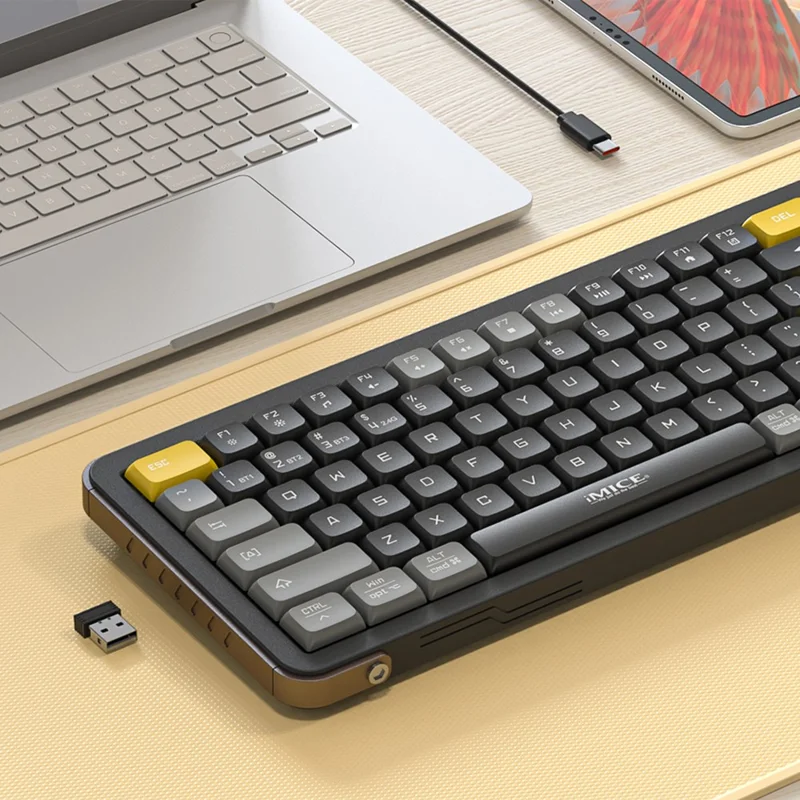Teclado inalámbrico IMICE AN-800 de 99 teclas, 2,4G + Bluetooth, con interruptor de tijera recargable - Negro+Gris+Amarillo