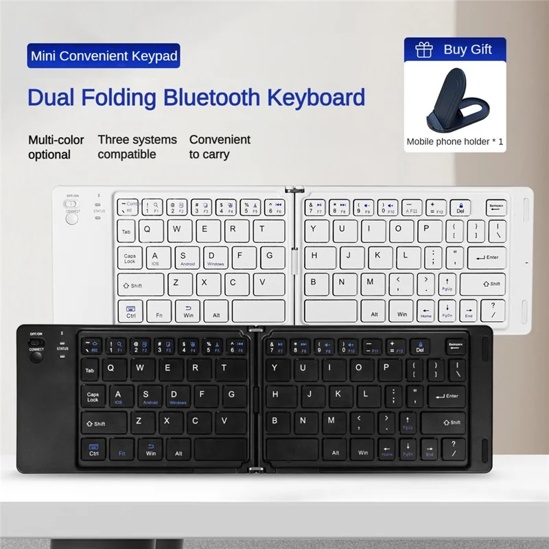 F10 Two-fold Keyboard for Android  /  Windows  /  iOS Portable Bluetooth-compatible Keyboard, with Phone Bracket - Black