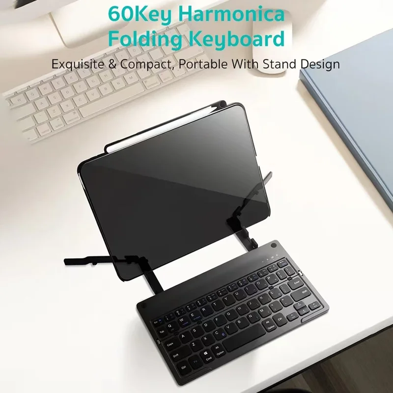 COTECI 60 Keys Harmonica Folding Keyboard Portable Wireless Bluetooth-compatible Keyboard with Stand - Grey