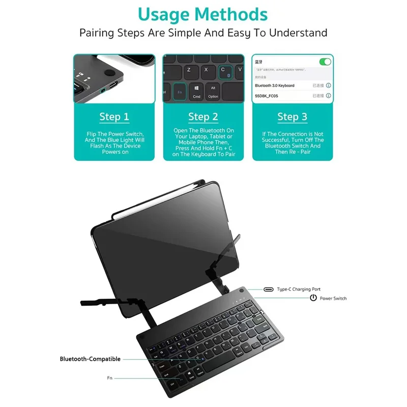 COTECI 60 Keys Harmonica Folding Keyboard Portable Wireless Bluetooth-compatible Keyboard with Stand - Grey