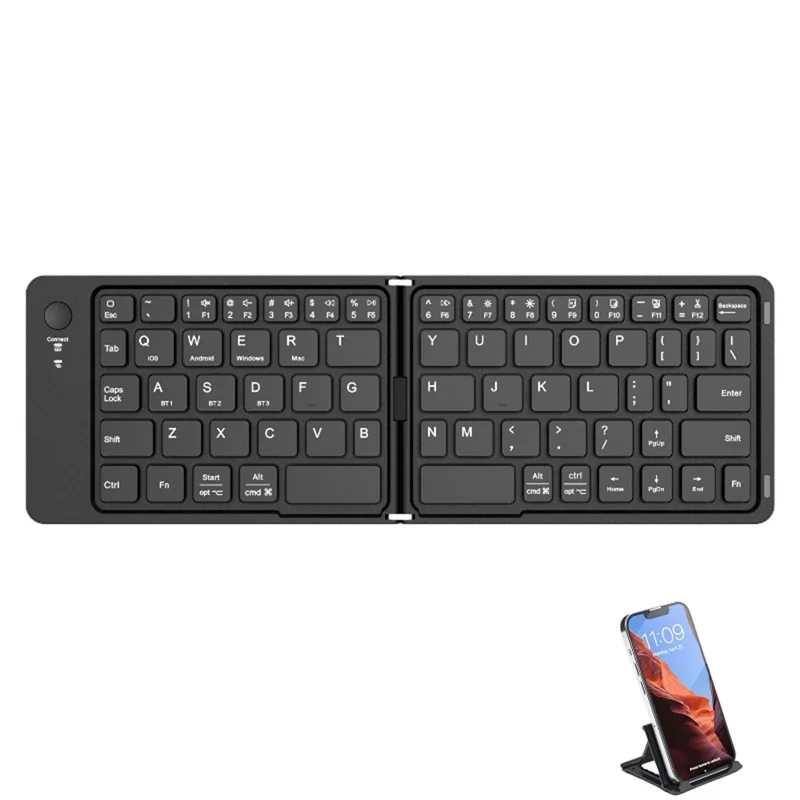 F88 66 Keys Folding Keyboard Dual Fold Bluetooth-compatible Keyboard with Phone Bracket for PC Tablet Phone - Black