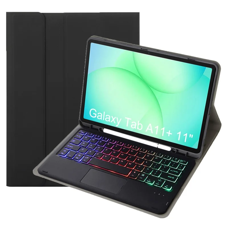 A240B-AS For Samsung Galaxy Tab A11+ Detachable Leather Case Bluetooth-Compatible Touchpad Keyboard with Backlit and Pen Slot - Black