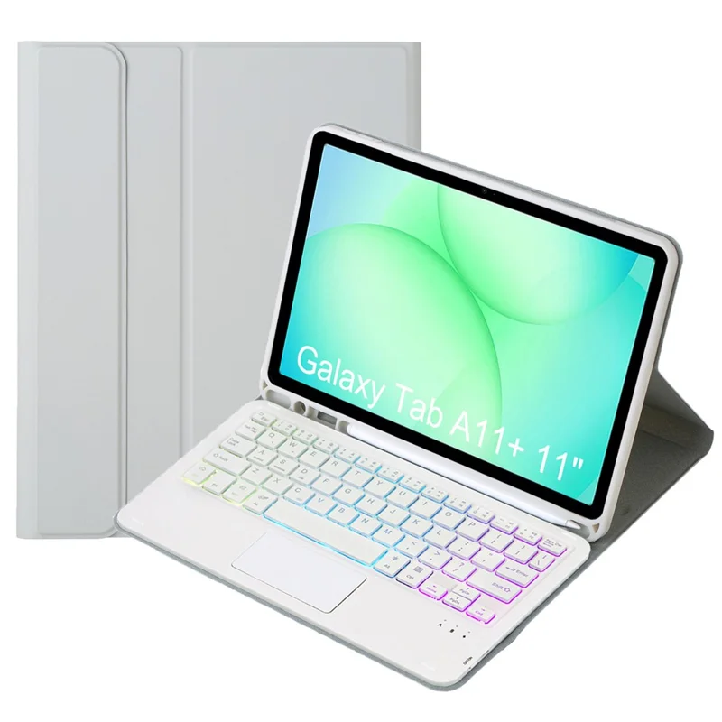 A240B-AS For Samsung Galaxy Tab A11+ Detachable Leather Case Bluetooth-Compatible Touchpad Keyboard with Backlit and Pen Slot - Grey