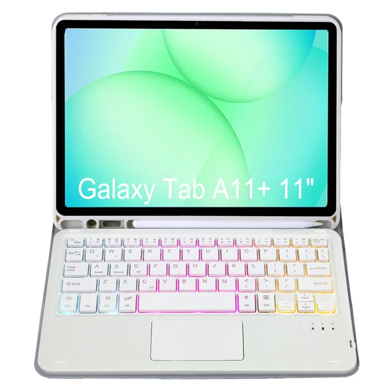 A240B-AS For Samsung Galaxy Tab A11+ Detachable Leather Case Bluetooth-Compatible Touchpad Keyboard with Backlit and Pen Slot - Grey
