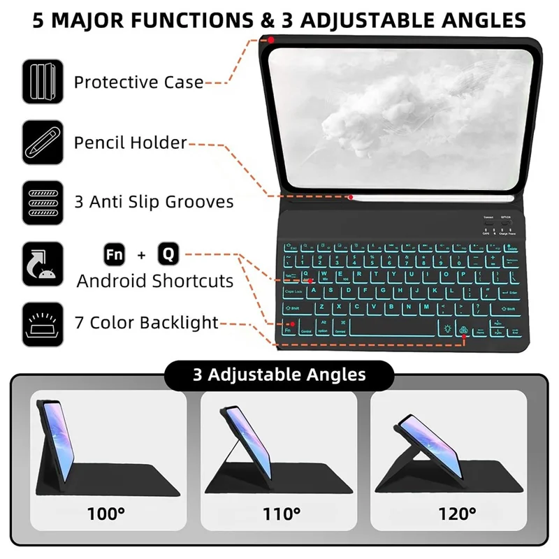 SK-S11D for Samsung Galaxy Tab S11 SM-X730 / SM-X736 / SM-X736B Protective Case with Detachable Backlit Wireless Keyboard - Black