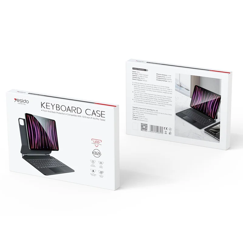 YESIDO KB26 Magnetic Bluetooth-compatible Keyboard Case for iPad Pro 12.9 (2020) / (2018) / (2017) / (2015) Dual Axis Rotation with 7-Color Backlit