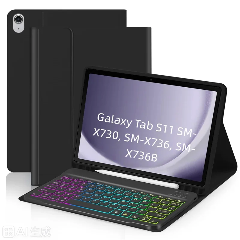 RGB-S11 voor Samsung Galaxy Tab S11 Bluetooth-compatibele toetsenbord PU-leer standaardhoes met RGB-verlichting - Zwart