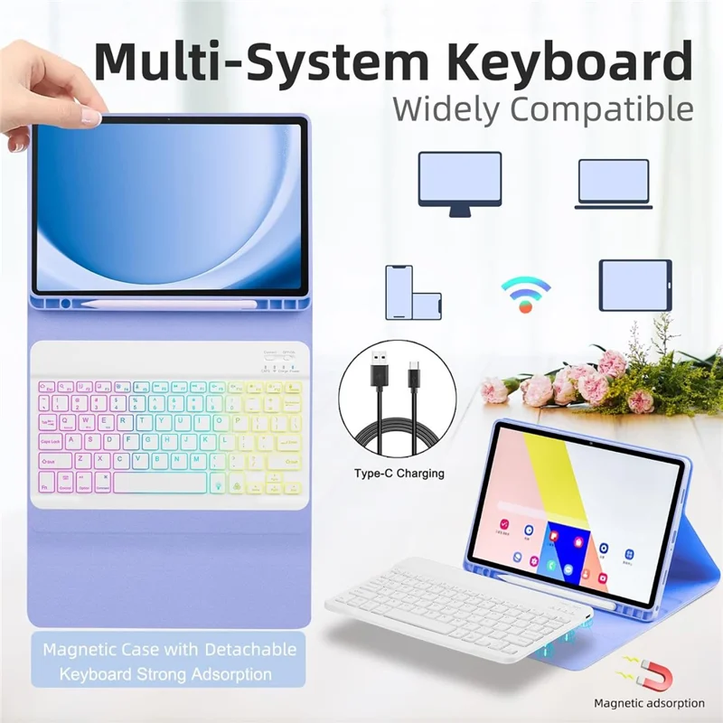 RGB-S11 voor Samsung Galaxy Tab S11 Bluetooth-compatibele toetsenbord PU-leer standaardhoes met RGB-verlichting - Zwart