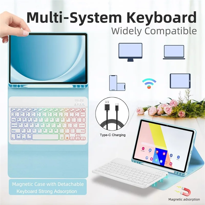 RGB-S11 voor Samsung Galaxy Tab S11 Bluetooth-compatibele toetsenbord PU-leer standaardhoes met RGB-verlichting - Zwart