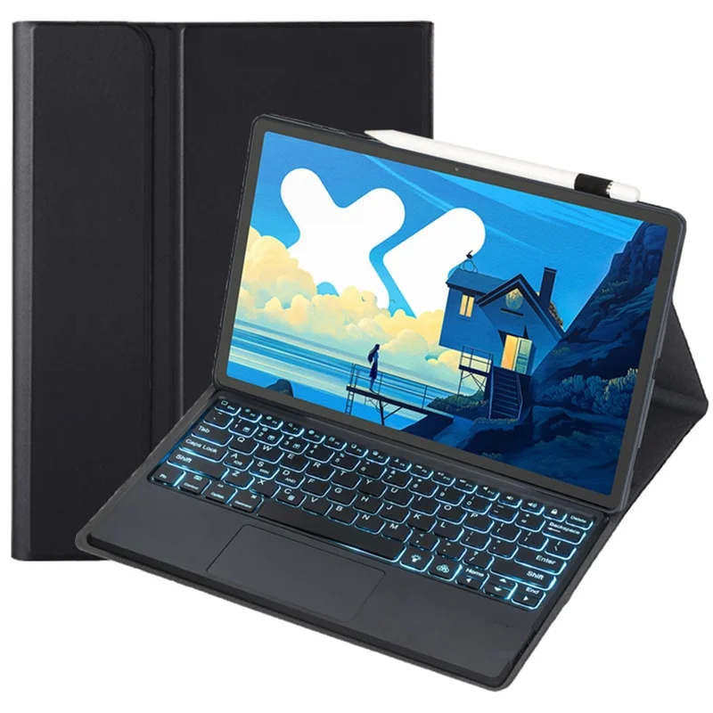 AM26-AS For Lenovo Xiaoxin Pad Pro 12.7 (2025) / Idea Tab Pro Slim Thin Leather Case + Touchpad Backlit Bluetooth-Compatible Keyboard - Black